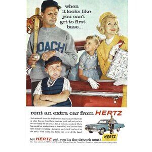 Hertz Rental Car Baseball Mid Century Modern ADVERT 1960s Vintage Print Ad 9 in